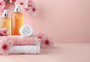 Spa Essentials With Towels And Flower Display On Soft Pink Background photo