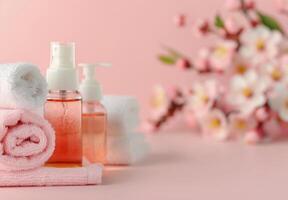 Spa Essentials With Towels And Flower Display On Soft Pink Background photo