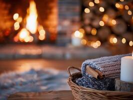 Cozy Living Room With Knit Blankets and Flickering Fireplace in Winter Evening photo