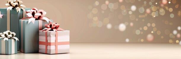 Colorful Gift Boxes Arranged on Smooth Surface With Soft Blurred Background photo