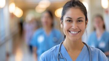 Smiling Female Healthcare Worker in Blue Scrubs With Stethoscope in Medical Facility photo