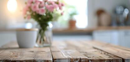 Charming Rustic Kitchen Interior With Wooden Table and Bowl in a Bright Space photo