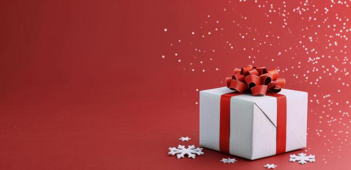 Festively Wrapped Gift Box With Red Bow on a Red Background With Snowflakes photo
