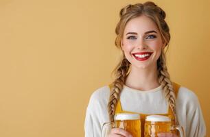 Cheerful Woman Holding Two Beer Mugs Against a Yellow Background photo