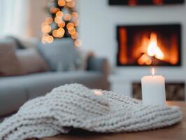 Cozy Living Room With Knit Blankets and Flickering Fireplace in Winter Evening photo