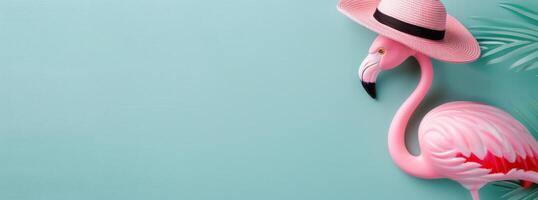 Flamingo Wearing Straw Hat Against Pastel Background photo
