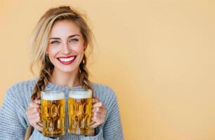 Cheerful Woman Holding Two Beer Mugs Against a Yellow Background photo