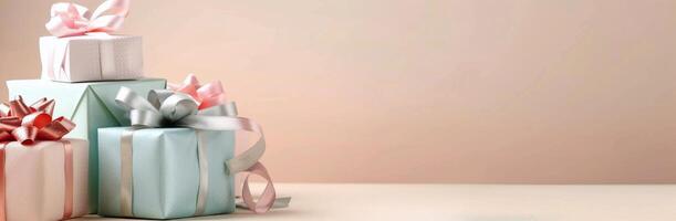 Colorful Gift Boxes Arranged on Smooth Surface With Soft Blurred Background photo