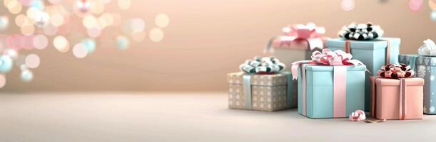 Colorful Gift Boxes Arranged on Smooth Surface With Soft Blurred Background photo