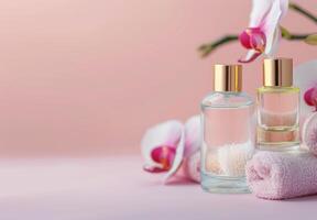 Elegant Floral Arrangement With Perfume Bottles and Spa Towel on Soft Pink Background photo