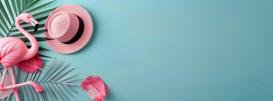 Flamingo Wearing Straw Hat Against Pastel Background photo