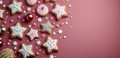 Festive Cookie Arrangement With Gingerbread and Icing on a Red Background photo