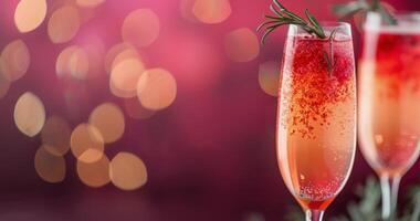 Sparkling Cocktail With Berries and Rosemary by Soft Pink Bokeh Background photo
