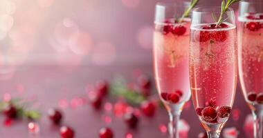 Sparkling Cocktail With Berries and Rosemary by Soft Pink Bokeh Background photo