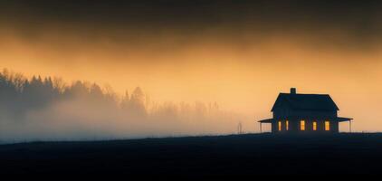 Solitary House in a Misty Field at Sunset With Birds Flying Overhead photo
