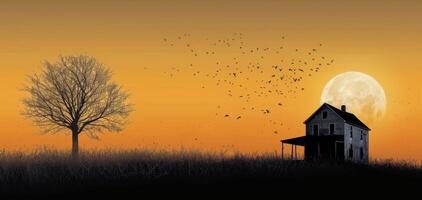 Solitary House in a Misty Field at Sunset With Birds Flying Overhead photo