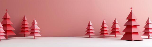 Festive Red Background With Abstract Christmas Trees and Ornaments photo