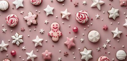 Festive Cookie Arrangement With Gingerbread and Icing on a Red Background photo