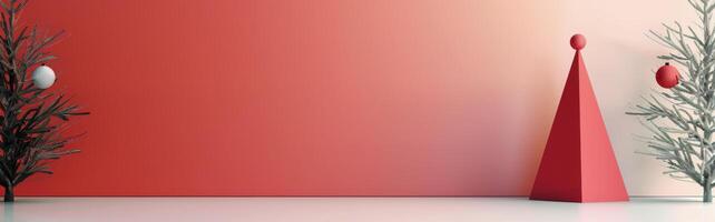 Festive Red Background With Abstract Christmas Trees and Ornaments photo