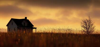 Solitary House in a Misty Field at Sunset With Birds Flying Overhead photo