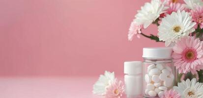 Medicinal Tablets and Flowers on a Soft Pink Background photo