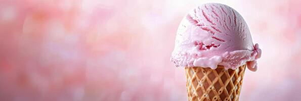 Soft Serve Ice Cream Cone With Pink Swirl Against a Gradient Background photo