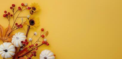 Autumn Decor With Pumpkins Sunflowers and Leaves on Yellow Background photo