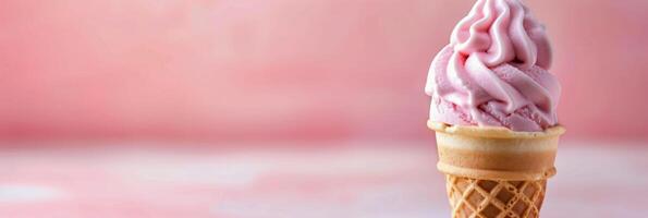 Soft Serve Ice Cream Cone With Pink Swirl Against a Gradient Background photo