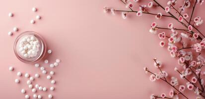 Floral Arrangement With Homeopathic Pellets and Cream on Soft Pink Background photo
