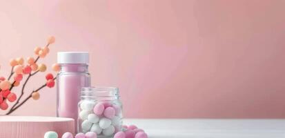 Colorful Candy Jar With Hand Reaching for Sweets on Pink Background photo