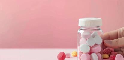 Colorful Candy Jar With Hand Reaching for Sweets on Pink Background photo