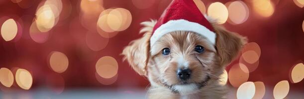 Cute Dog in Christmas Hat Against Red Background photo