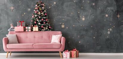 Stylish Pink Sofa Decorated for Christmas With Christmas Tree and Ornaments photo
