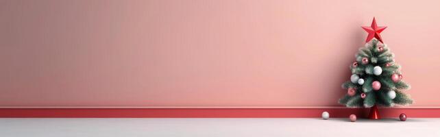 Festive Red Background With Abstract Christmas Trees and Ornaments photo