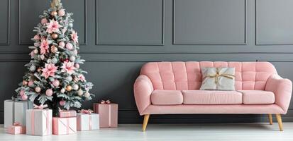 Stylish Pink Sofa Decorated for Christmas With Christmas Tree and Ornaments photo