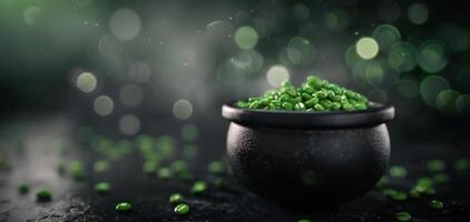 Fresh Green Coffee Beans in a Black Bowl With Sparkling Background photo