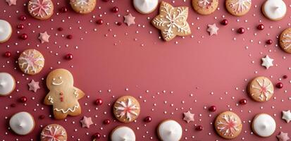 Festive Cookie Arrangement With Gingerbread and Icing on a Red Background photo