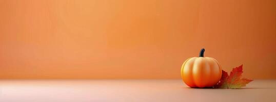 Vibrant Orange Pumpkin on Wooden Table Against Bright Orange Background photo