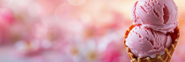 Soft Serve Ice Cream Cone With Pink Swirl Against a Gradient Background photo