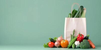 Fresh Vegetables in a Brown Paper Bag on Green Background photo