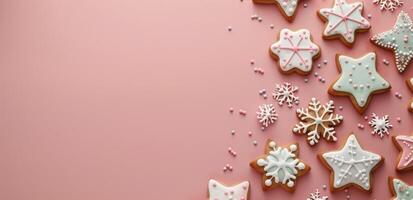 Festive Gingerbread Cookies Arranged on a Red Background for Holiday Celebrations photo