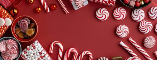 Festive Christmas Gifts and Decorations on Red Background photo