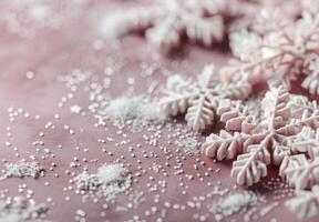 Snowflakes Spread Across a Soft Pink Surface in Winter Decor photo