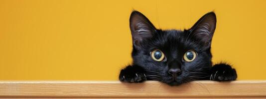 Curious Black Cat Against Bright Yellow And Pink Background photo