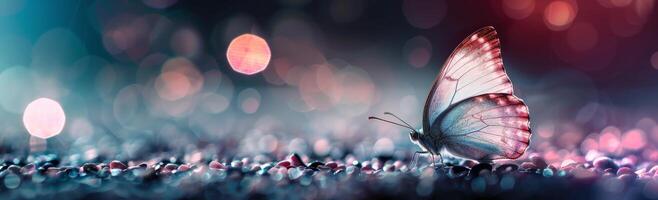 Delicate Butterfly Resting on Colorful Pebbles With Soft Bokeh Background at Dusk photo