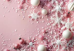 Snowflakes Spread Across a Soft Pink Surface in Winter Decor photo