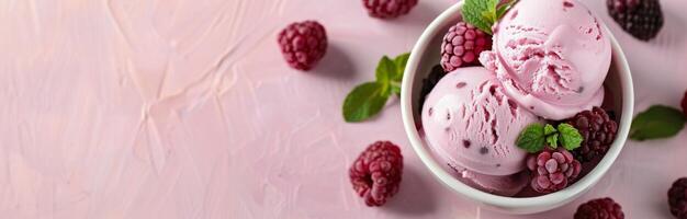 Raspberry Ice Cream Served in a White Bowl on a Pink Background photo