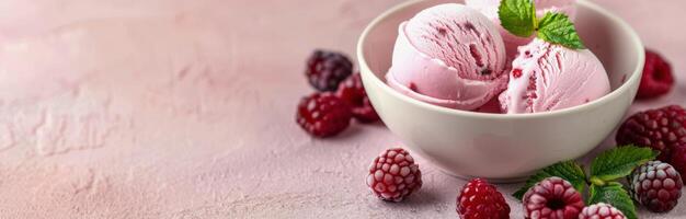 Raspberry Ice Cream Served in a White Bowl on a Pink Background photo