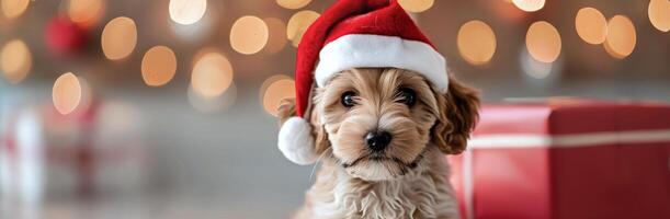 Christmas Puppy Wearing Santa Hat Against Red Background photo