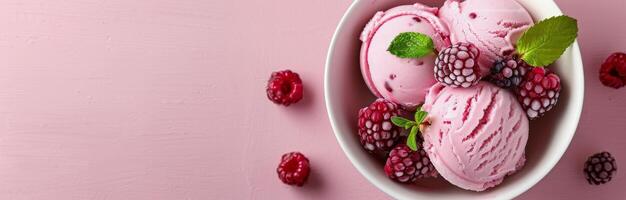 Raspberry Ice Cream Served in a White Bowl on a Pink Background photo